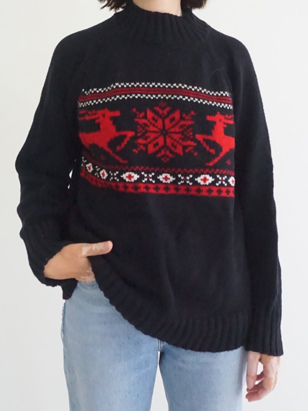Chaps Black Reindeer Snowflake Fair Isle Ugly Christmas Ski Chalet Sweater L